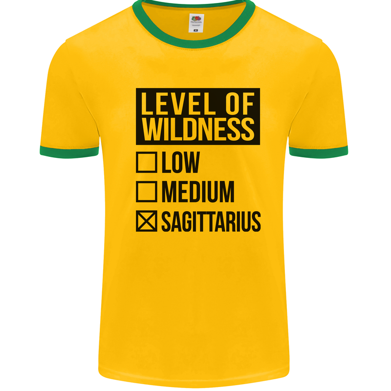 Levels of Wildness Sagittarius Mens White Ringer T-Shirt Gold/Green