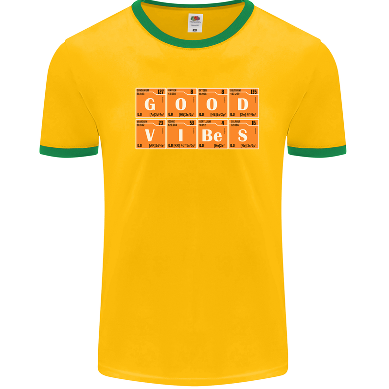 Good Vibes Periodic Table Chemistry Funny Mens White Ringer T-Shirt Gold/Green