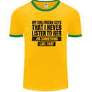 My Girlfriend Says I Never Funny Slogan Mens White Ringer T-Shirt Gold/Green