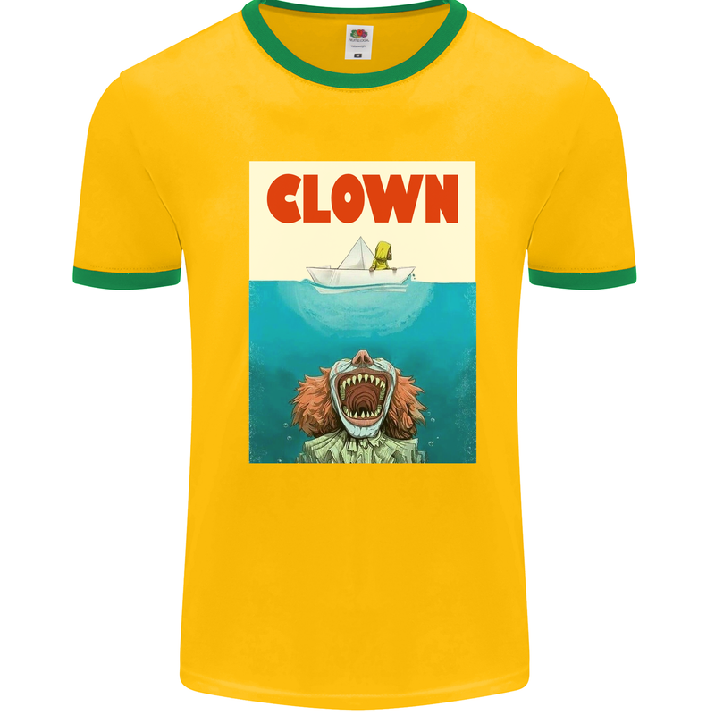 Jaws Funny Parody Clown Halloween Horror Mens White Ringer T-Shirt Gold/Green