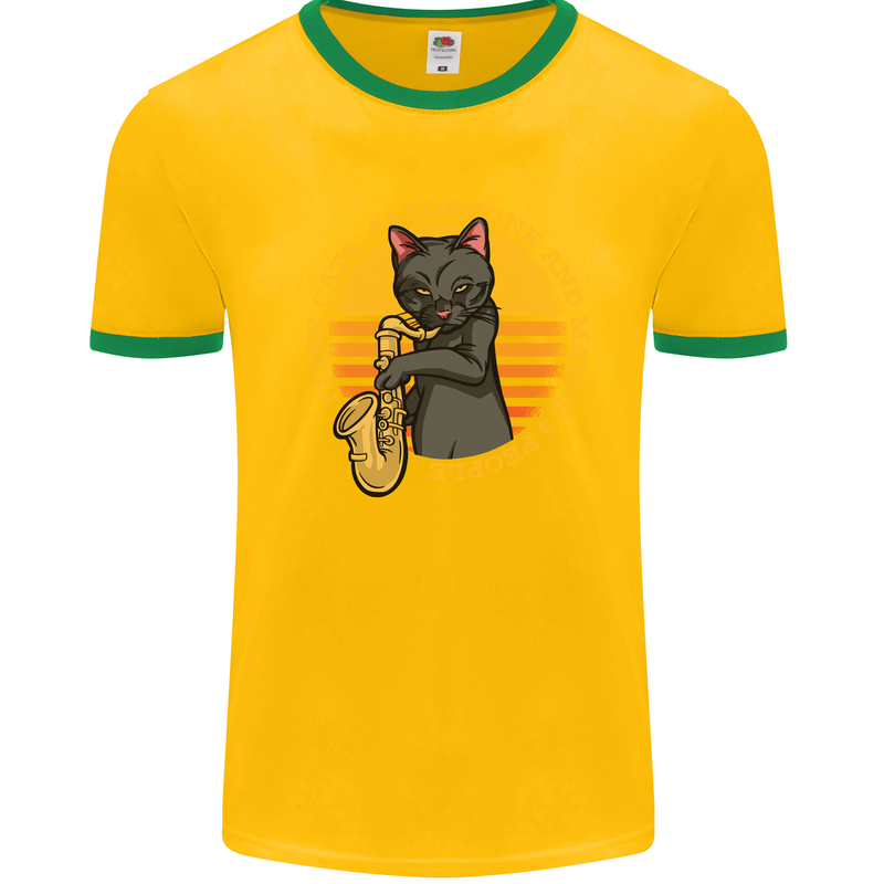 I Like Cats, Saxophones & Maybe 3 People Mens White Ringer T-Shirt Gold/Green