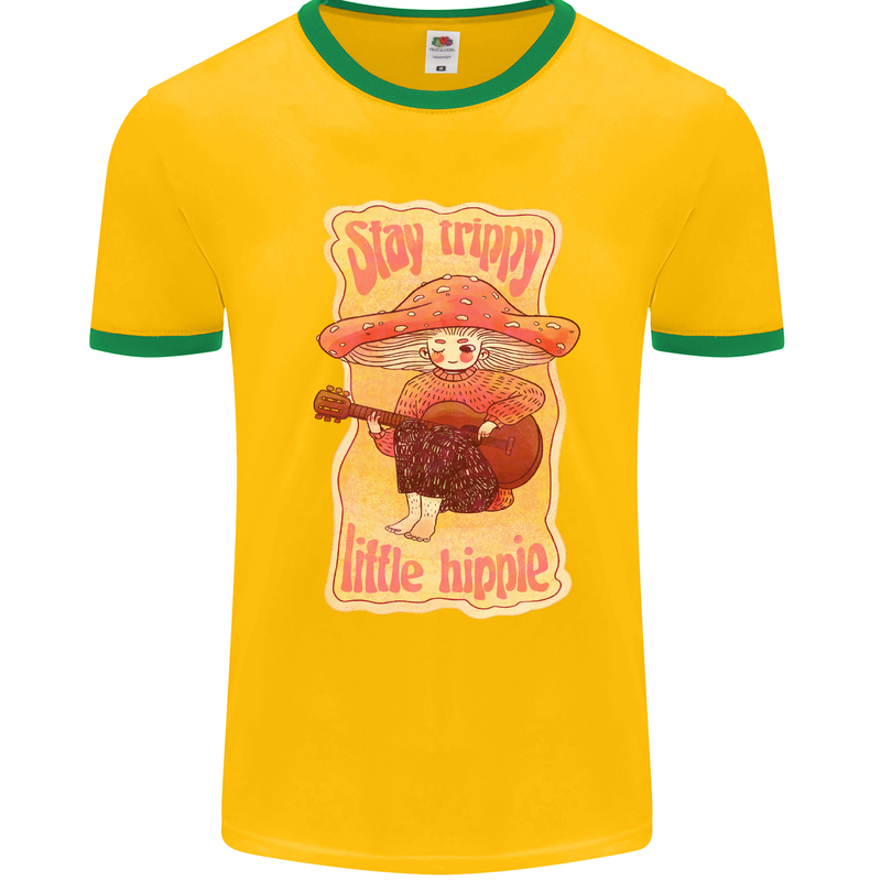 Stay Trippy Little Hippy Magic Mushroom LSD Mens White Ringer T-Shirt Gold/Green