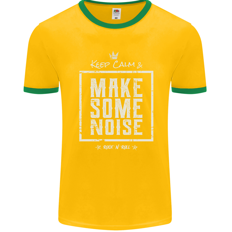 Rock n Roll Keep Calm & Make Some Noise Mens Ringer T-Shirt FotL Gold/Green