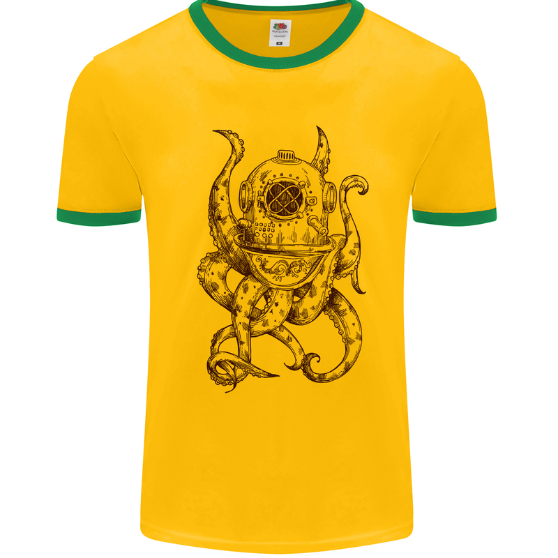 Steampunk Octopus Kraken Cthulhu Mens White Ringer T-Shirt Gold/Green