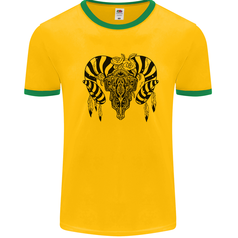 Tribal Bull Skull Buffalo Mens White Ringer T-Shirt Gold/Green