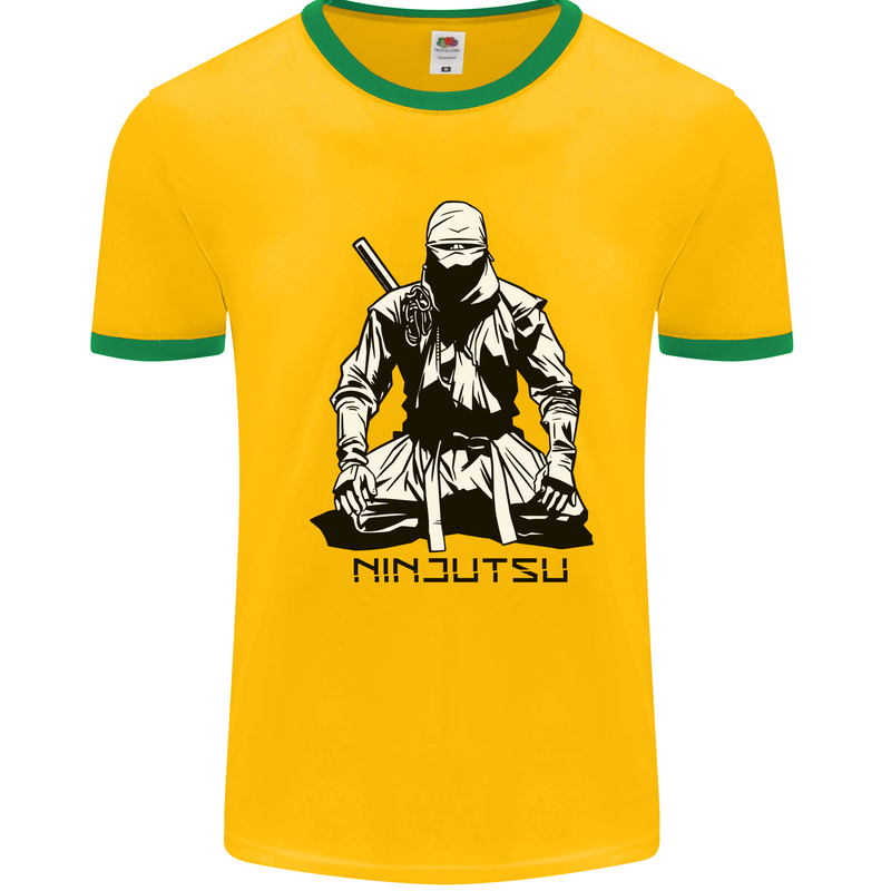 Ninjitsu A Ninja MMA Mixed Martial Arts Mens White Ringer T-Shirt Gold/Green