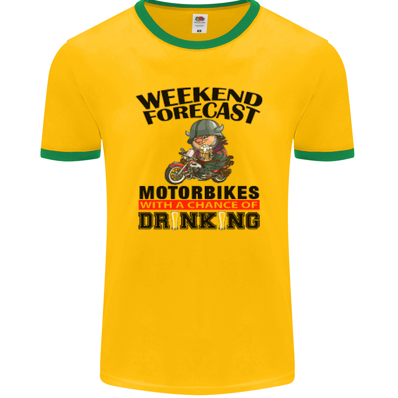 Biker Weekend Forecast Motorbikes Mens Ringer T-Shirt FotL Gold/Green