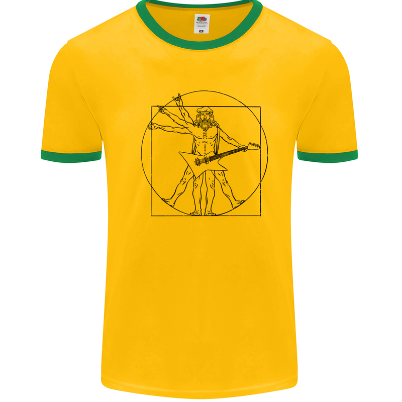 Old Rocker Vitruvian Guitarist Funny Guitar Mens White Ringer T-Shirt Gold/Green