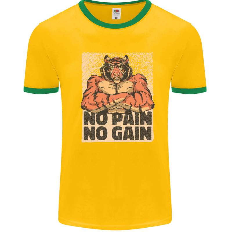 Gym Tiger No Pain No Gain Training Top Mens White Ringer T-Shirt Gold/Green