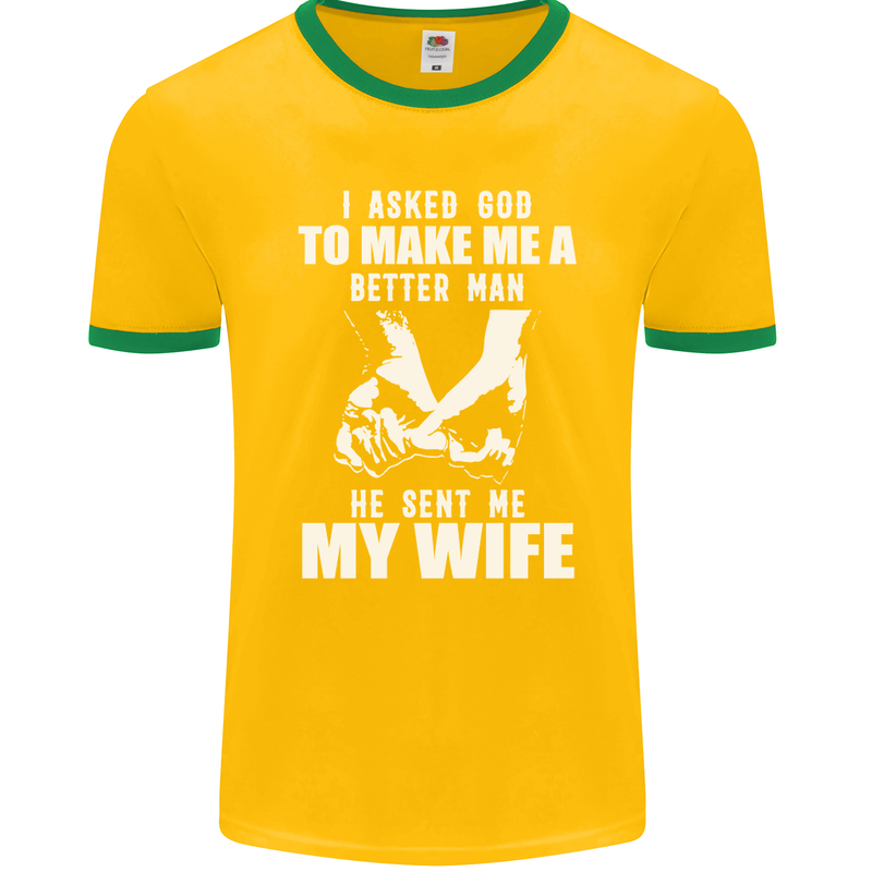 Husband & Wife Wedding Anniversary God Mens Ringer T-Shirt FotL Gold/Green