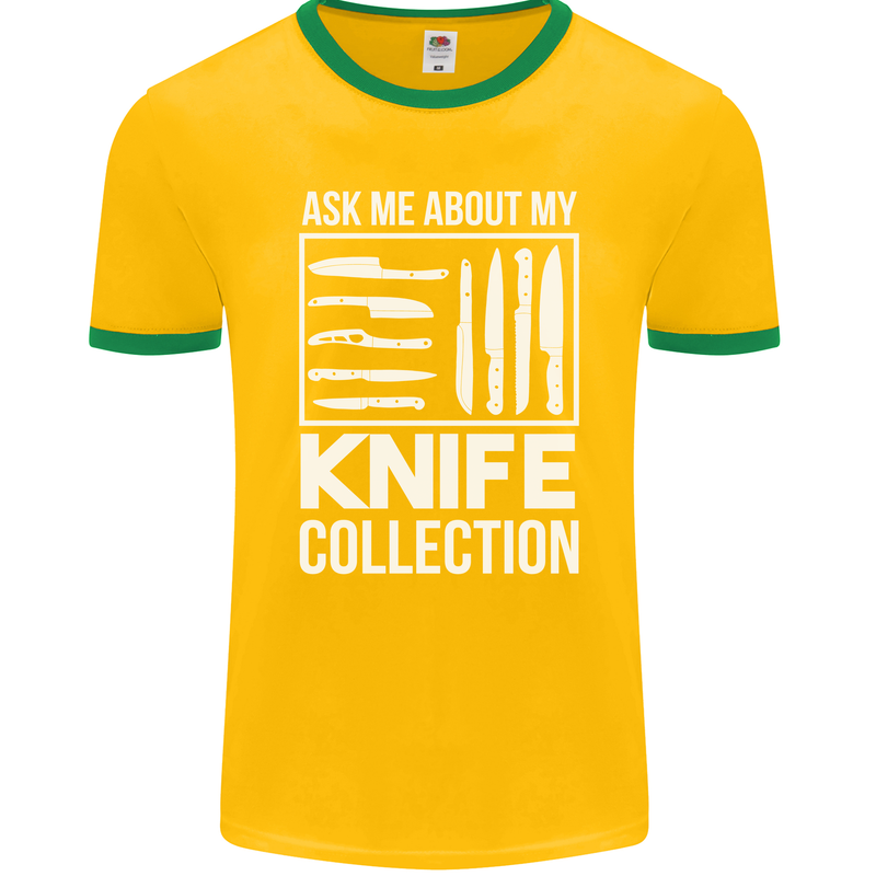 Chef Ask About My Knife Collection Funny Mens Ringer T-Shirt FotL Gold/Green