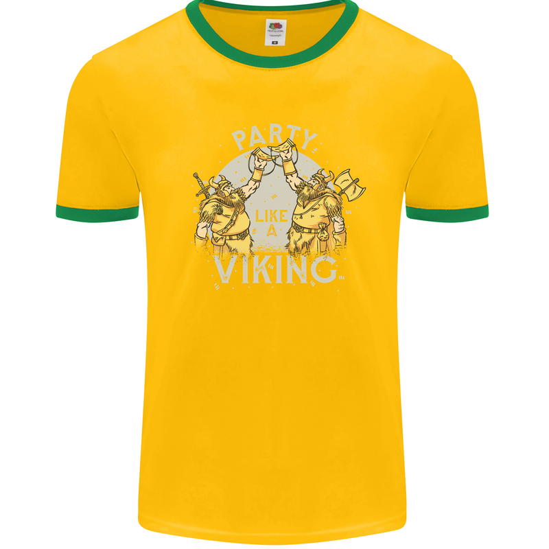 Party Like a Viking Thor Odin Valhalla Mens White Ringer T-Shirt Gold/Green