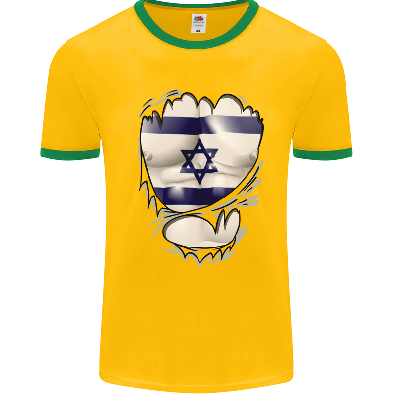 Gym The Israeli Flag Ripped Muscles Israel Mens White Ringer T-Shirt Gold/Green