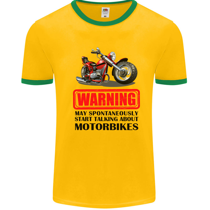 Warning May Spontaneously Talking About Motorbikes Mens White Ringer T-Shirt Gold/Green