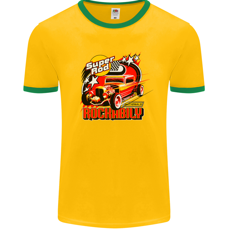 Rockabily Hot Rod Hotrod Dragster Mens White Ringer T-Shirt Gold/Green