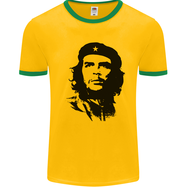 Che Guevara Silhouette Mens White Ringer T-Shirt Gold/Green