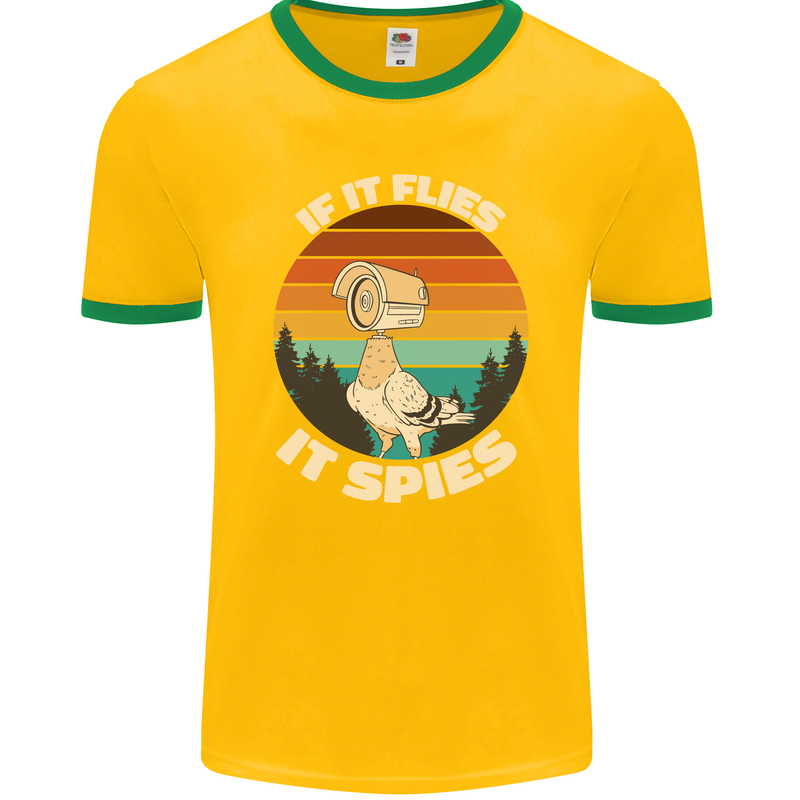 If Flies it Spies Conspiracy Theory Birds Funny Mens Ringer T-Shirt FotL Gold/Green