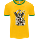 St. Michael Killing the Devil Christian God Mens White Ringer T-Shirt Gold/Green