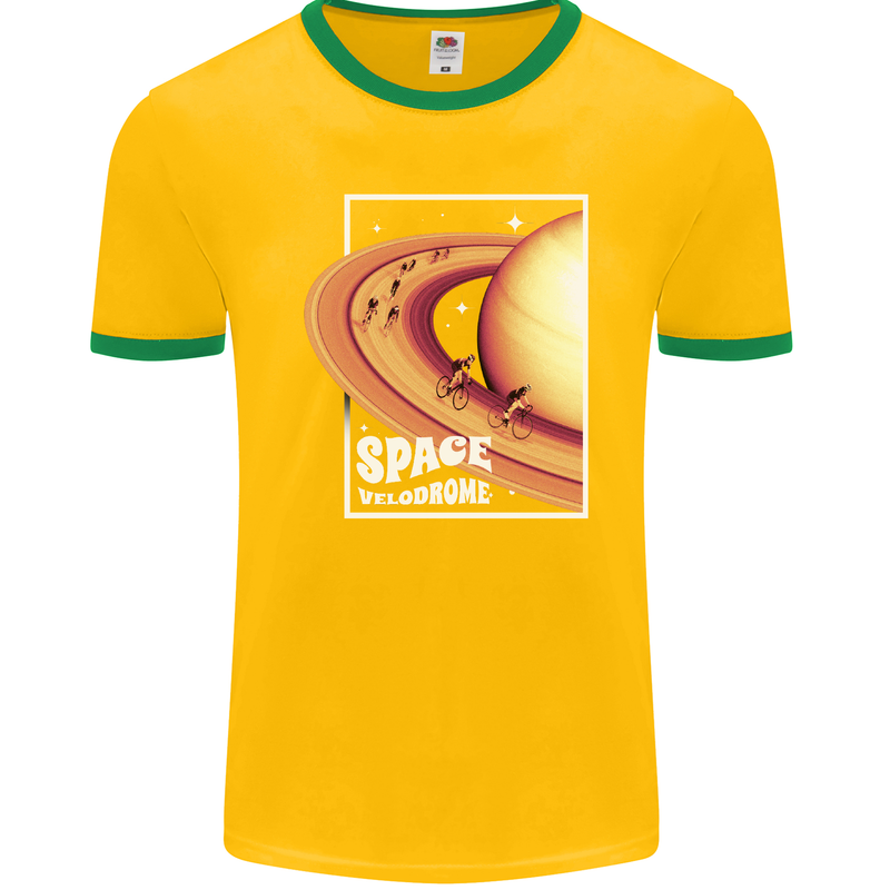 Space Velodrome Cycling Cyclist Bicycle Mens Ringer T-Shirt FotL Gold/Green