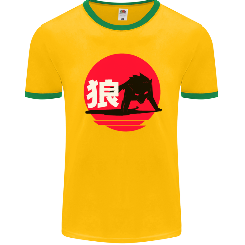 Japanese Wolf Japan Mens Ringer T-Shirt FotL Gold/Green