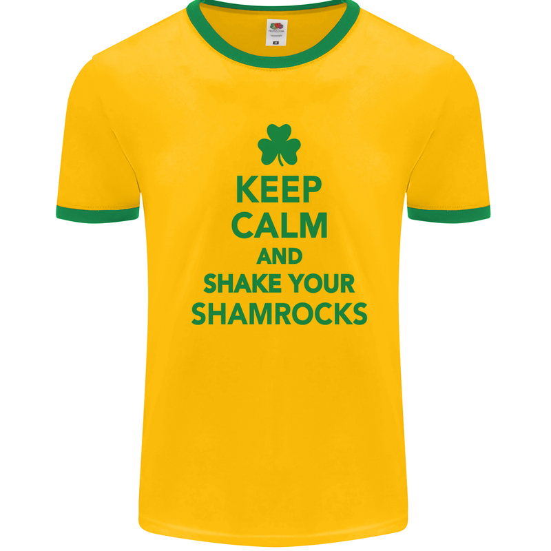 Keep Calm & Shamrocks St. Patrick's Day Mens White Ringer T-Shirt Gold/Green