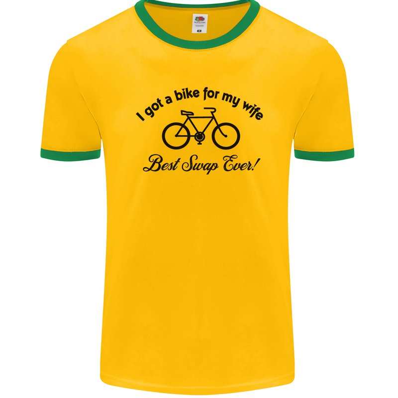 Cycling A Bike for My Wife Cyclist Funny Mens Ringer T-Shirt FotL Gold/Green