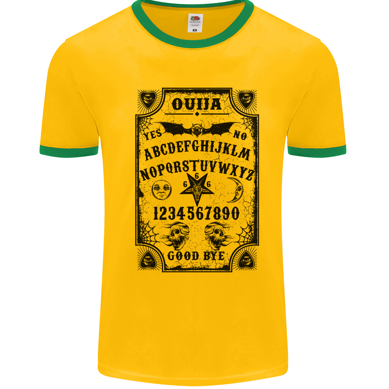 Ouija Board Voodoo Demons Spirits Halloween Mens White Ringer T-Shirt Gold/Green