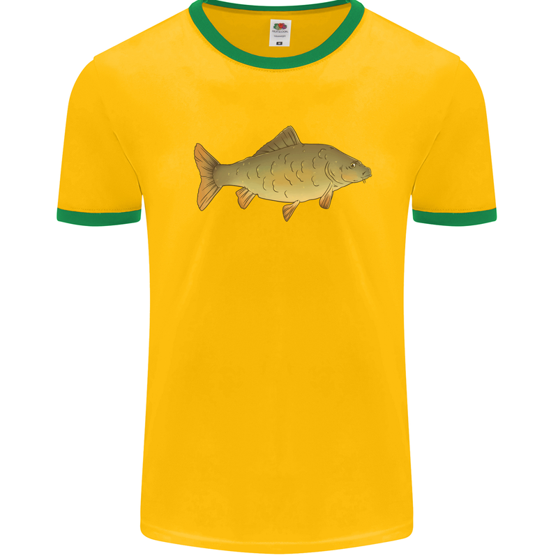 A Carp Fish Fishing Fisherman Mens White Ringer T-Shirt Gold/Green