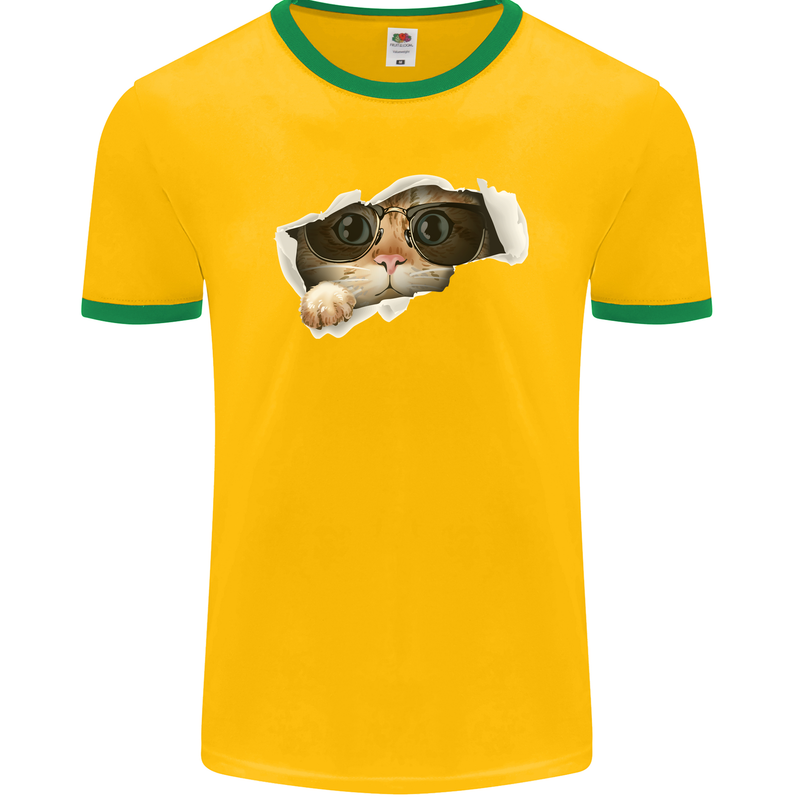 A Funny Cat Peeking From a Ripped Top Mens Ringer T-Shirt FotL Gold/Green