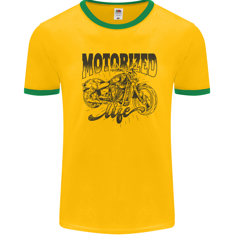 Motorized Life Biker Motorbike Motorcycle Mens White Ringer T-Shirt Gold/Green