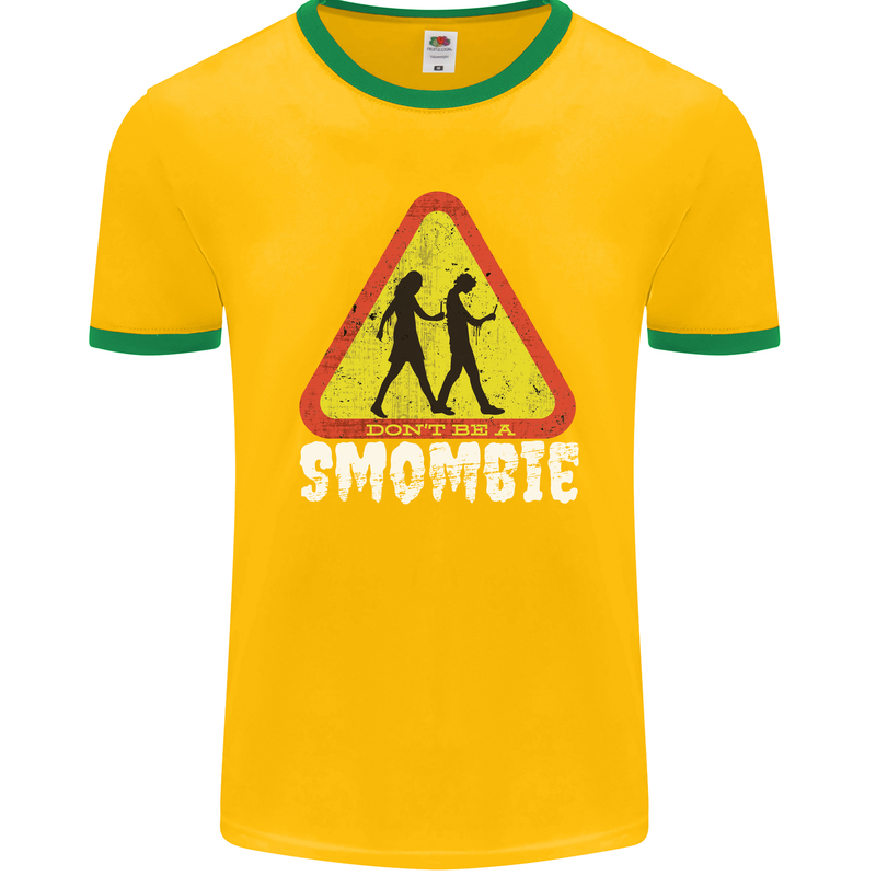 Smombie Antisocial Phone Addict Smartphone Mens Ringer T-Shirt FotL Gold/Green