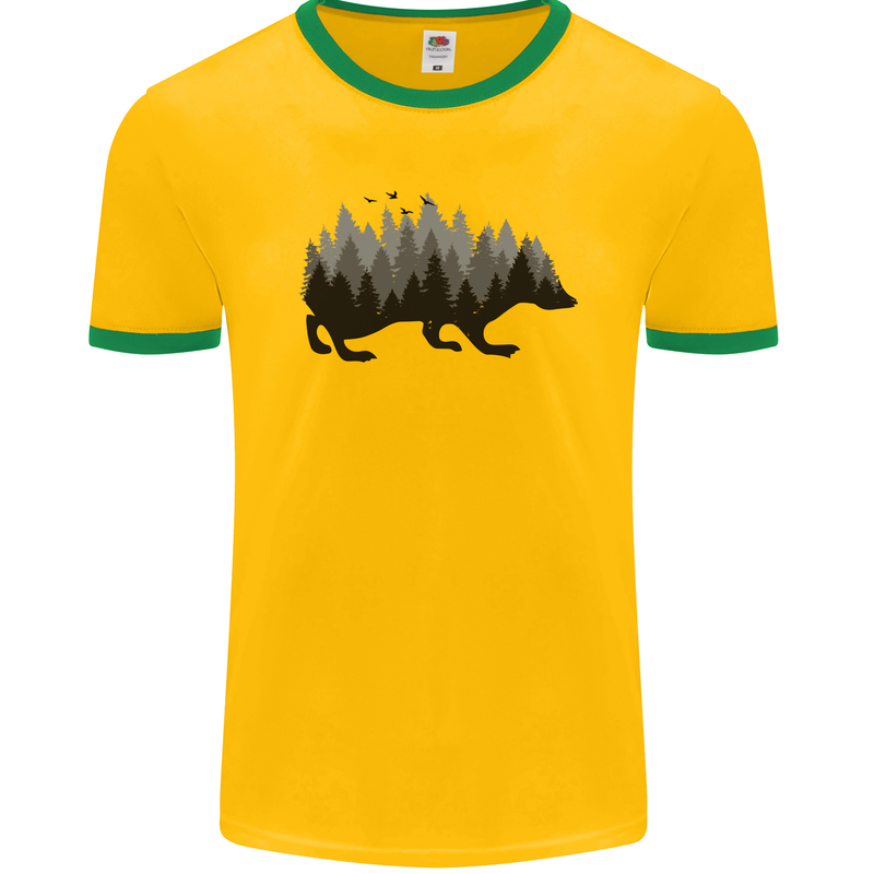 A Hedgehog Depicting a Forest Mens Ringer T-Shirt FotL Gold/Green