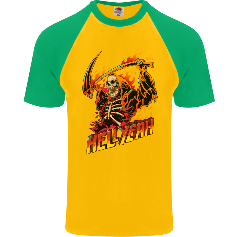 Hell Yeah Grim Reaper Skull Heavy Metal Mens S/S Baseball T-Shirt Gold/Green