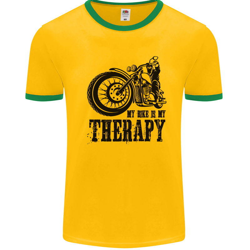 My Therapy Motorcycle Motorbike Biker Mens White Ringer T-Shirt Gold/Green