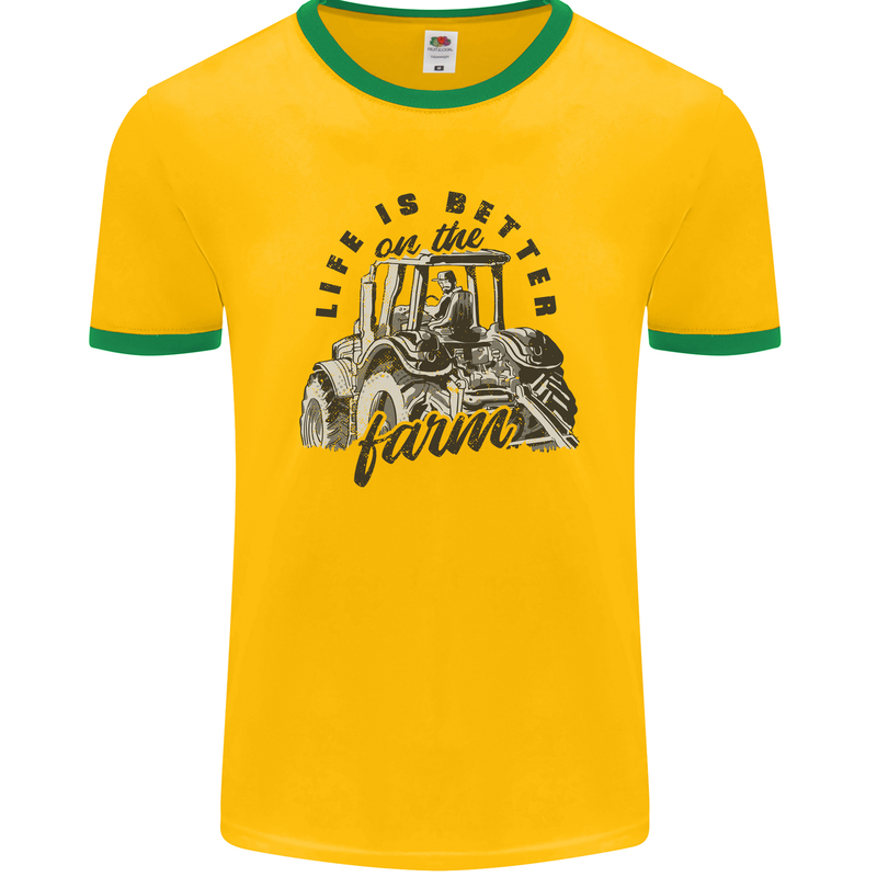Tractor Life Is Better Farm Funny Farming Mens Ringer T-Shirt FotL Gold/Green