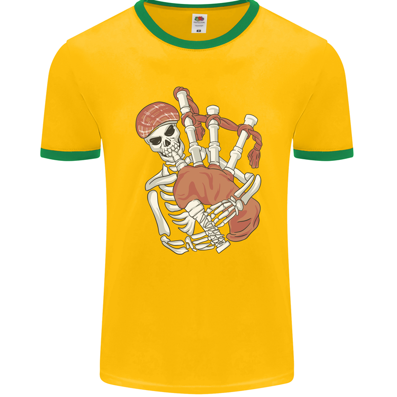 A Skeleton Playing the Bagpipes Mens Ringer T-Shirt FotL Gold/Green