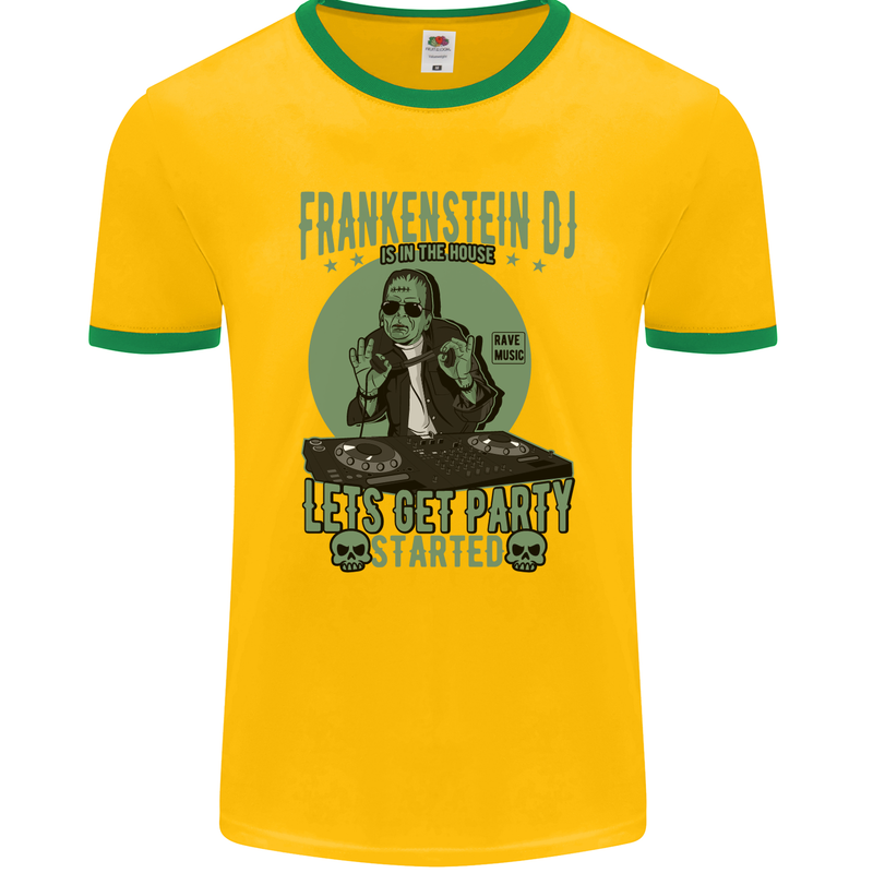 DJ Frankenstein Funny Music Vinyl Halloween Mens Ringer T-Shirt FotL Gold/Green