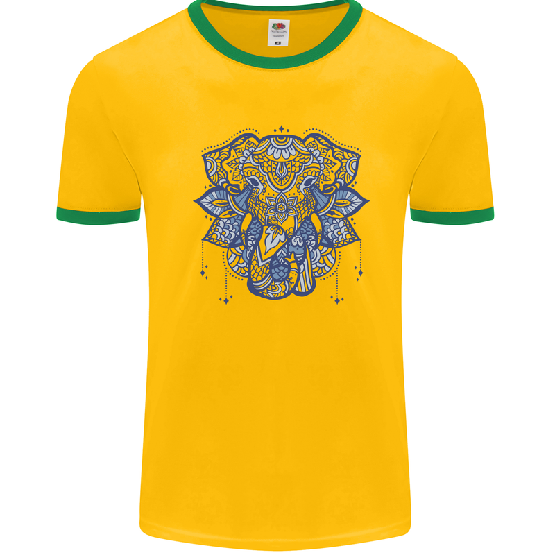 Mandala Art Elephant Mens White Ringer T-Shirt Gold/Green
