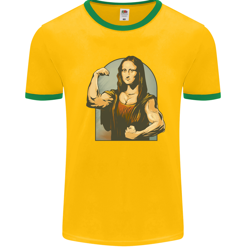 Mona Lifter Funny Gym Bodybuilding Workout Mens White Ringer T-Shirt Gold/Green