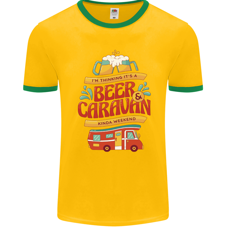 Beer and Caravan Kinda Weekend Funny Mens Ringer T-Shirt FotL Gold/Green