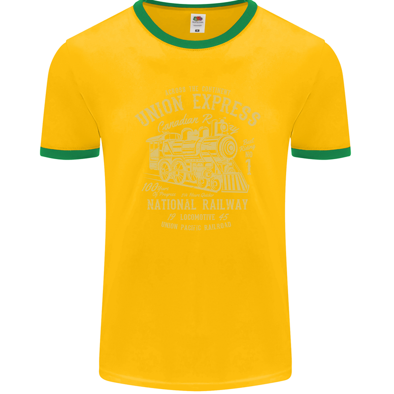 Railway Train Trainspotter Trianspotting Mens Ringer T-Shirt FotL Gold/Green