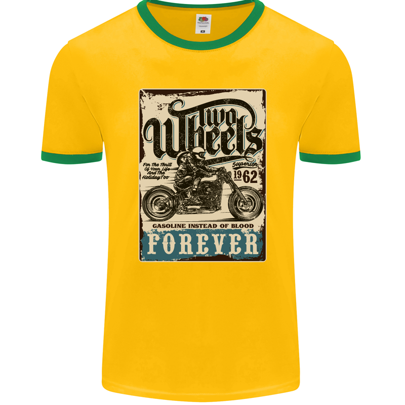 Two Wheels Biker Motorcycle Motorbike Mens Ringer T-Shirt FotL Gold/Green