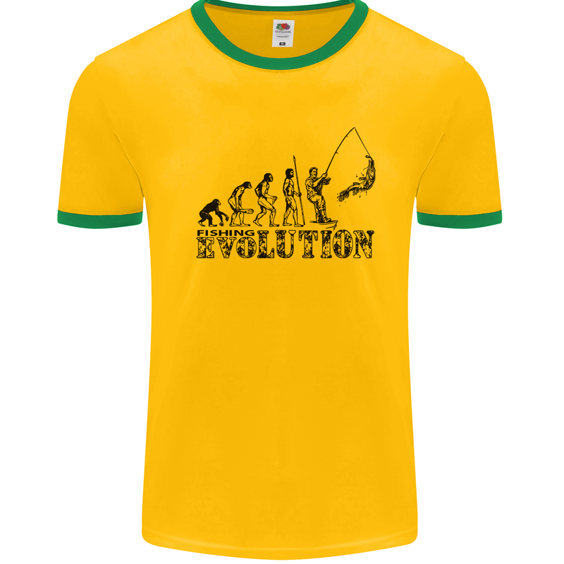 Evolution of a Fisherman Funny Fisherman Mens White Ringer T-Shirt Gold/Green