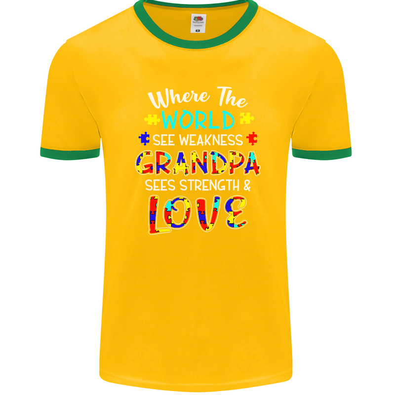 Autism Grandpa Sees Love Strength Autistic Mens Ringer T-Shirt FotL Gold/Green