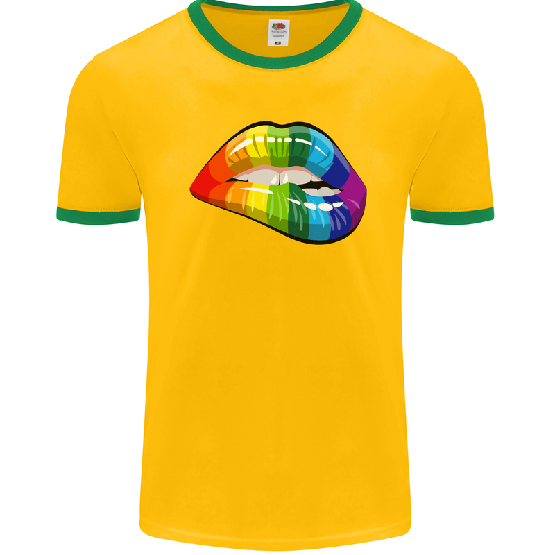 LGBT Bitten Lip Gay Pride Day Mens Ringer T-Shirt FotL Gold/Green