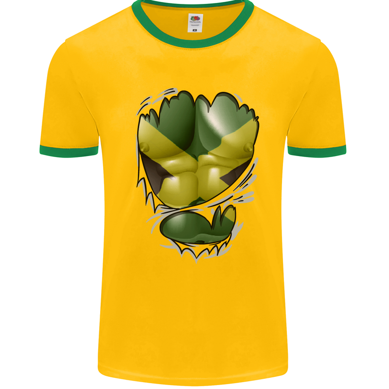 The Jamaican Flag Ripped Muscles Jamaica Mens White Ringer T-Shirt Gold/Green