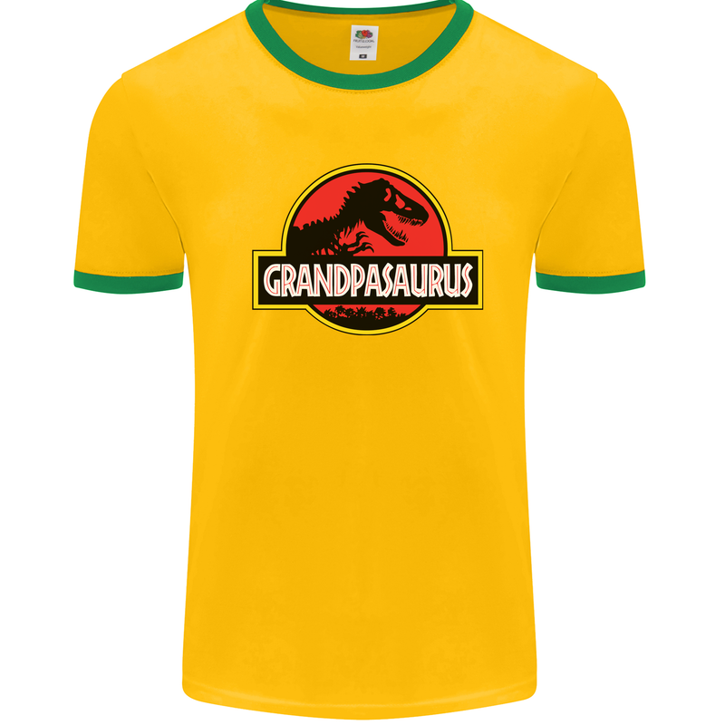 Grandpasaurus Funny Grandpa Grandad Mens White Ringer T-Shirt Gold/Green