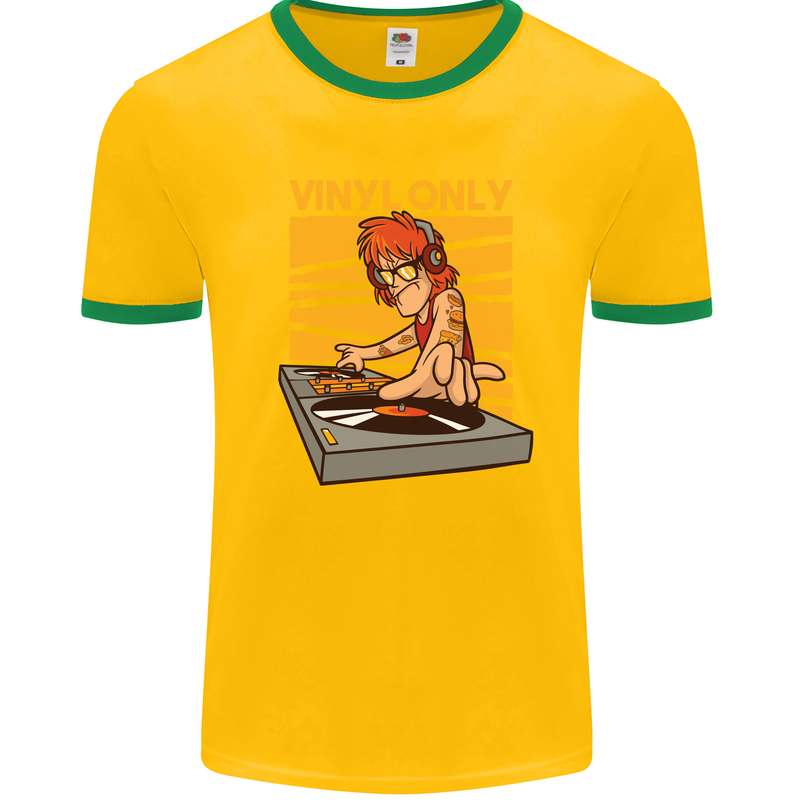 DJ Decks Vinyl Only Funny DJing Turntable Mens White Ringer T-Shirt Gold/Green