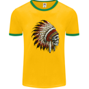 Indian Skull Headdress Biker Motorbike Mens White Ringer T-Shirt Gold/Green