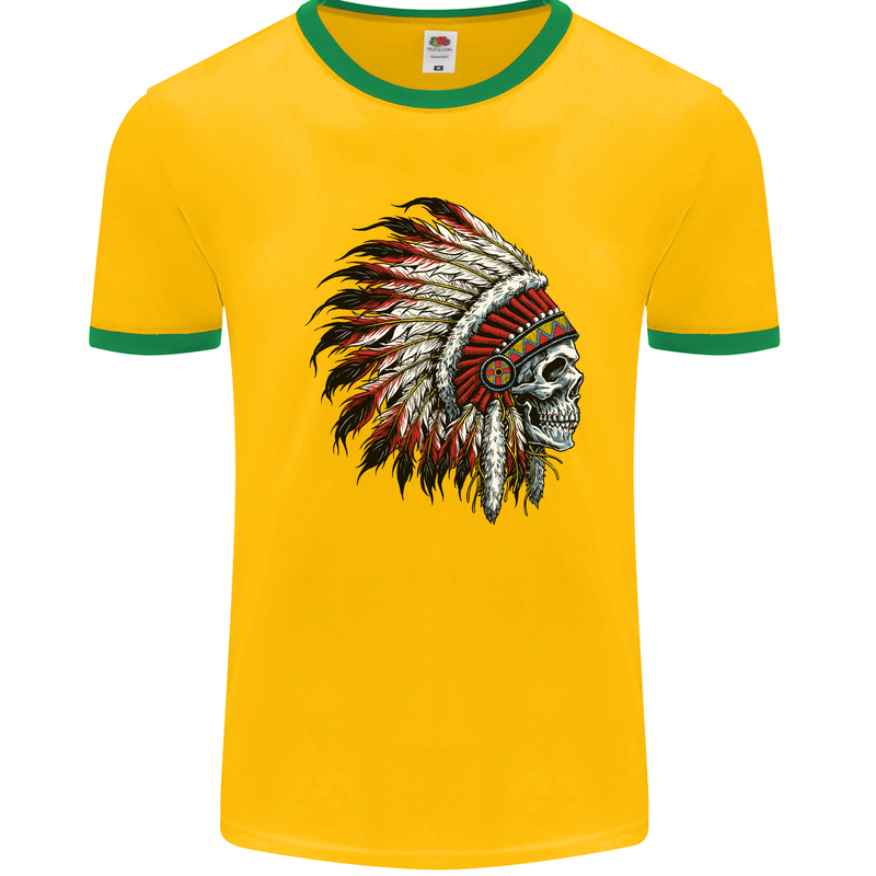 Indian Skull Headdress Biker Motorbike Mens White Ringer T-Shirt Gold/Green